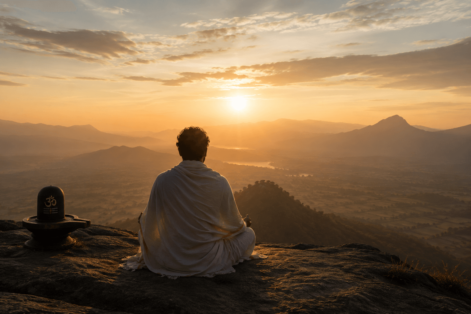 A seeker in silent meditation at sunrise on Sanjeevini Kriya's path