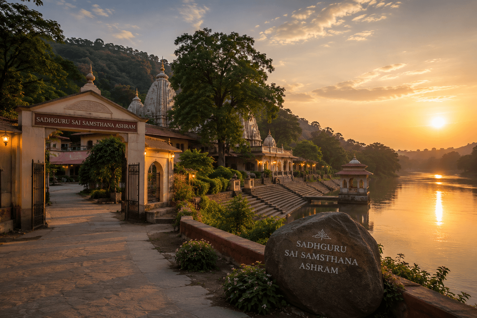 Sadhguru Sai Samsthana Ashram at sunrise, on the river's edge